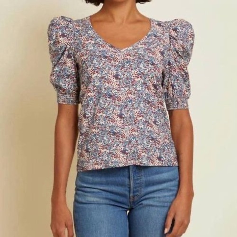 Nation LTD Womens Celine Cherry Blossom Floral Puff Sleeve Pima Cotton Tee Small